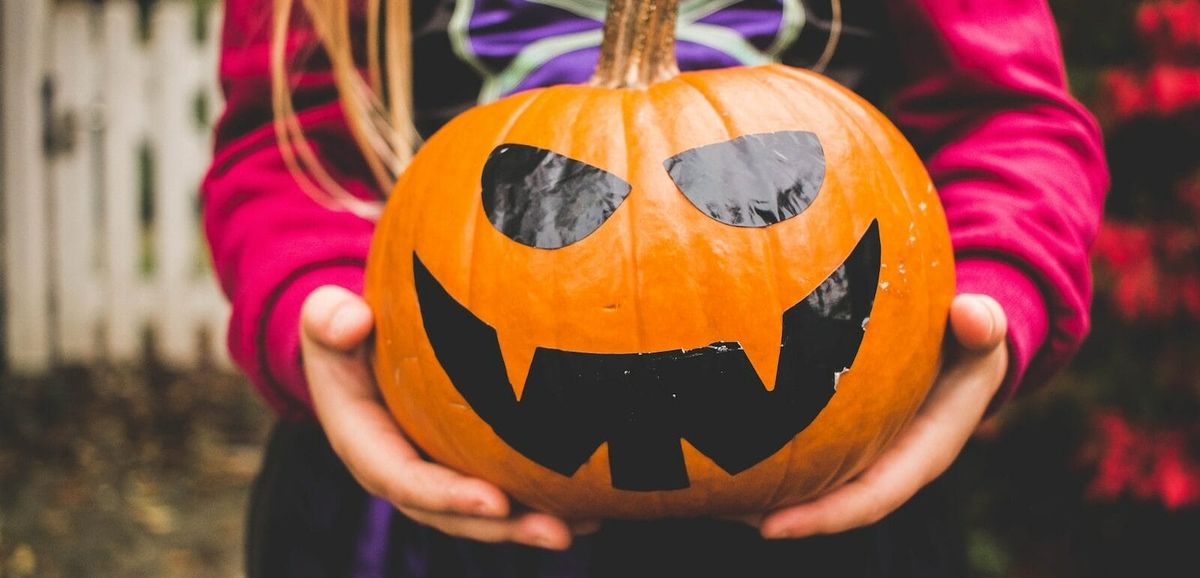 An individual holding onto a painted pumpkin