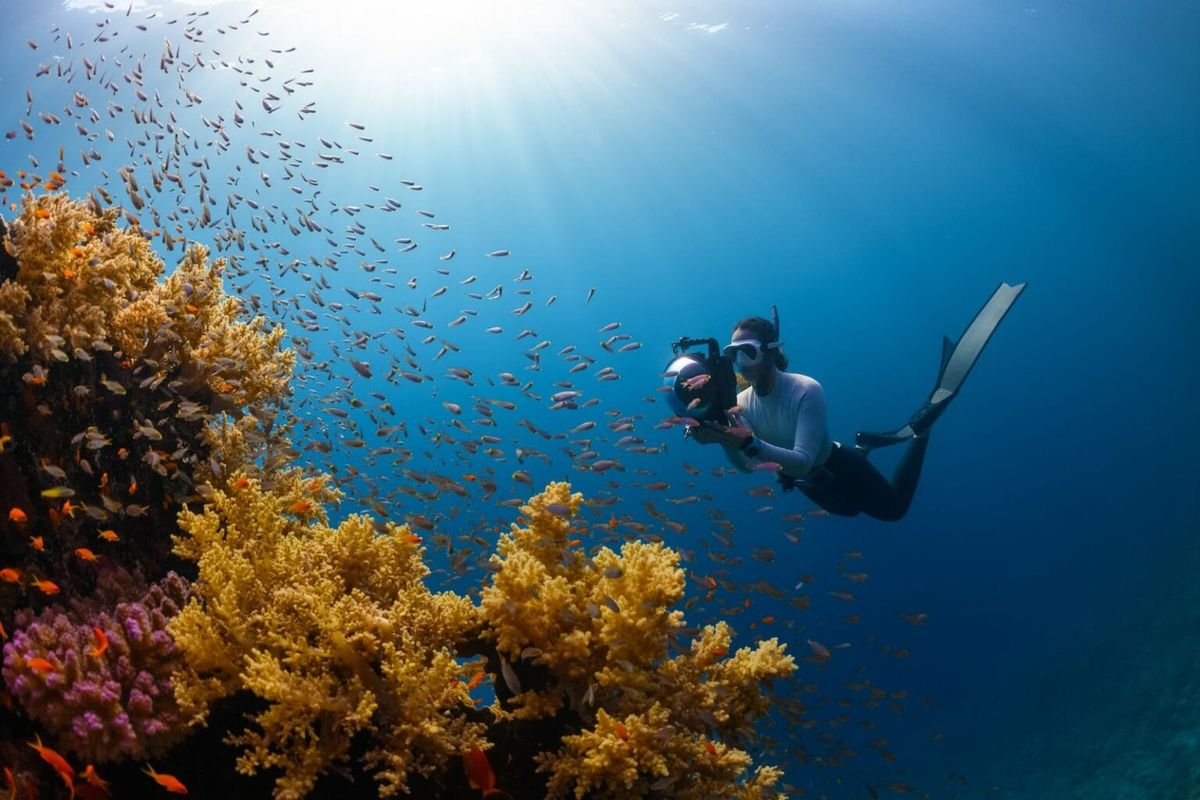 A man recording footage in the sea