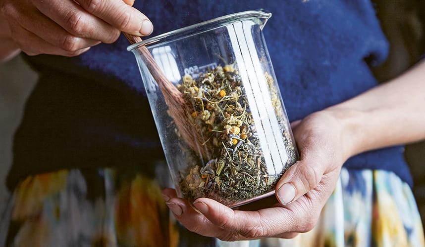 Hands holding a glass jar containing dried chamomile flowers