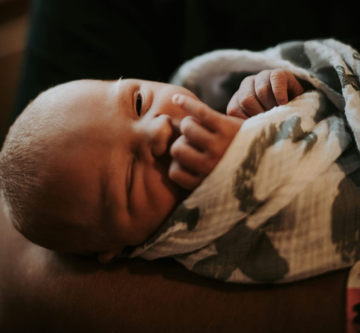 Photograph of a father holding his newborn baby, swaddled in a cloth