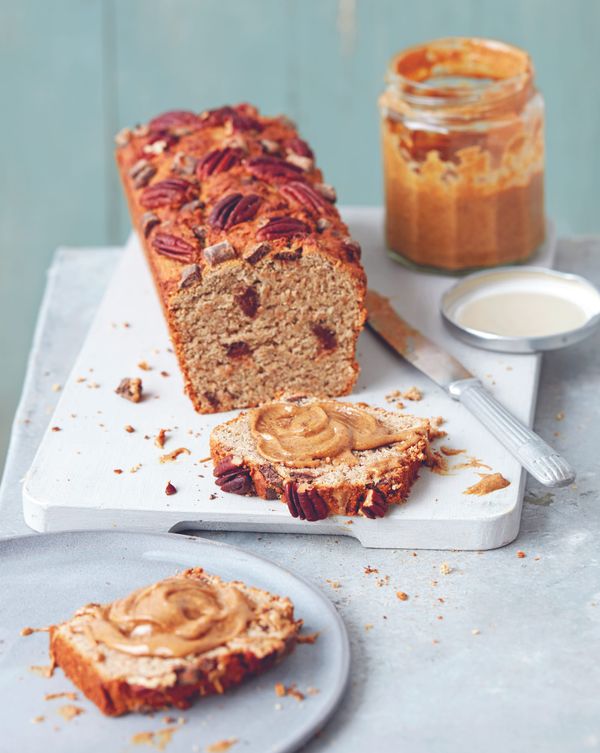 Photograph shows a loaf of vegan banana bread