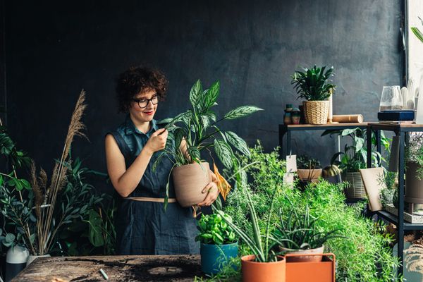 Photograph of a young woman surrounded by plants and greenery