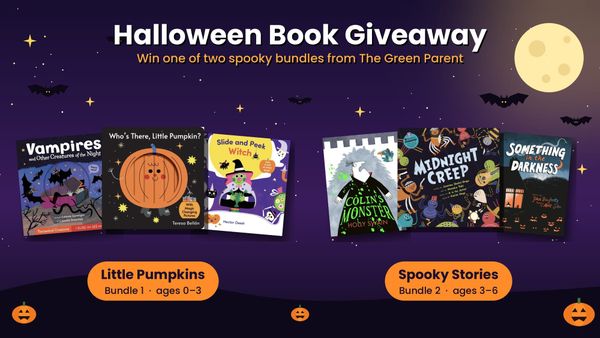 Six Halloween children's books on a night sky with a full moon, bats and pumpkins, split into two bundles: Little Pumpkins for ages 0 to 3 and Spooky Stories for ages 3 to 6