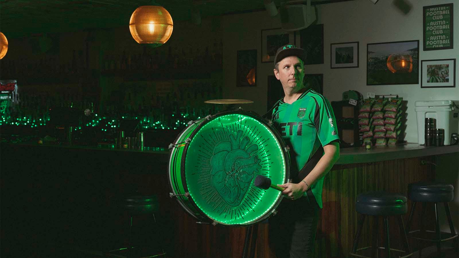 Austin FC fan Kurt Lammers with drum wearing new kit