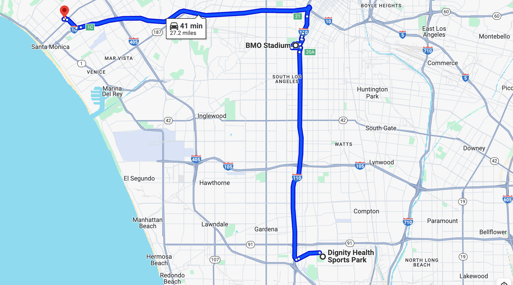 Map showing BMO Stadium and Dignity Health Sports Park