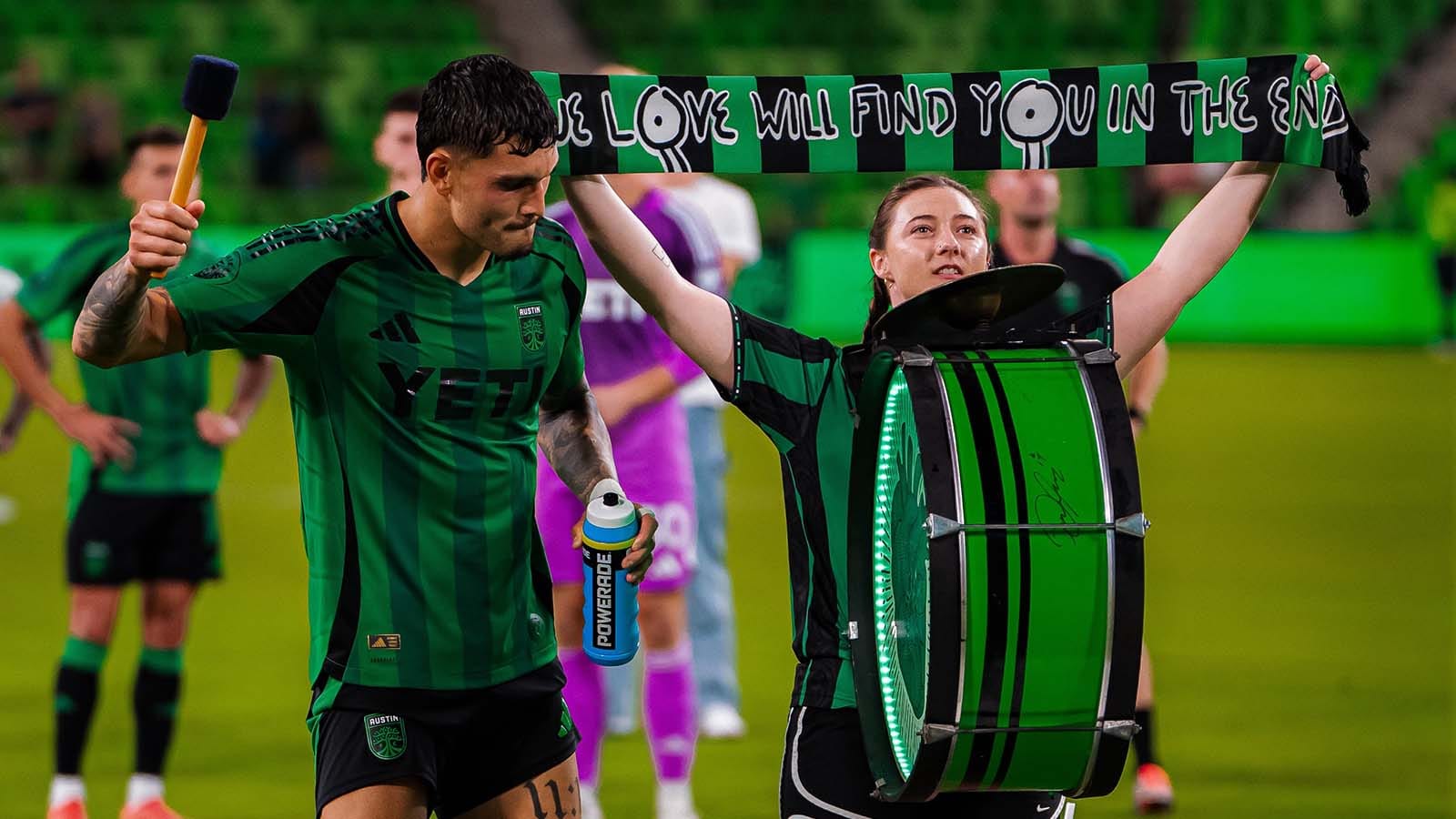 Brandon Vázquez banging drum after being named Man of the Match at Austin FC match