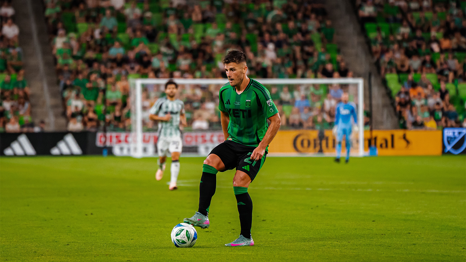 Diego Rubio on the ball in Austin FC's match against New England