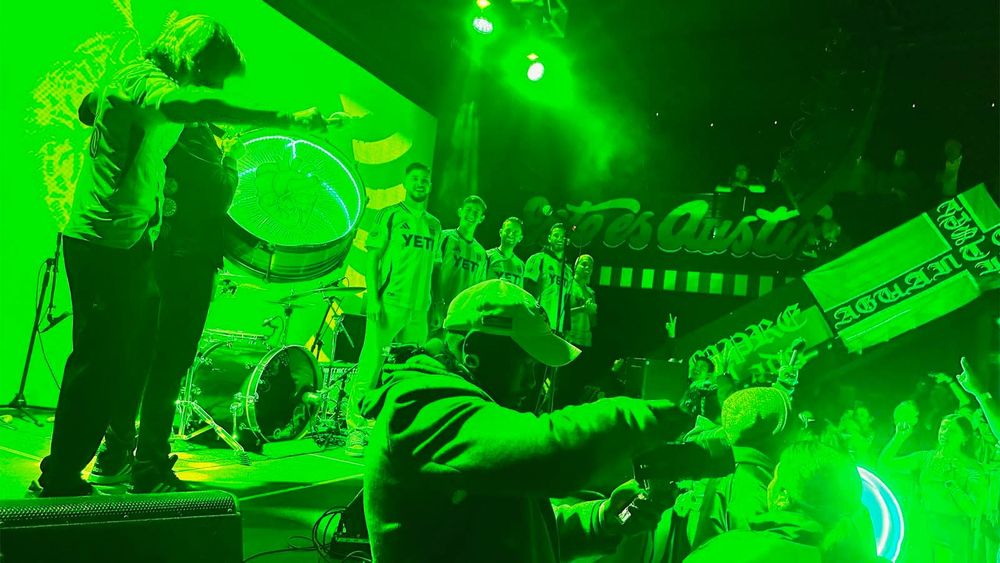 Ilie Sánchez doing heartbeat drum ritual at Austin FC event (Phil West)