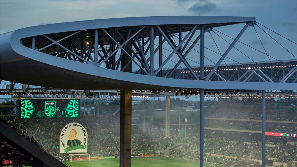 Q2 Stadium for Austin vs. Dallas match with King of the Hill/Copa Tejas tifo being raised