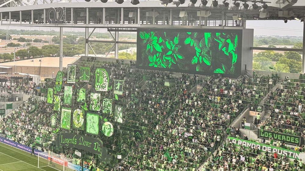 Austin FC "Legends Never Die" tifo hoisted before Austin-LA match
