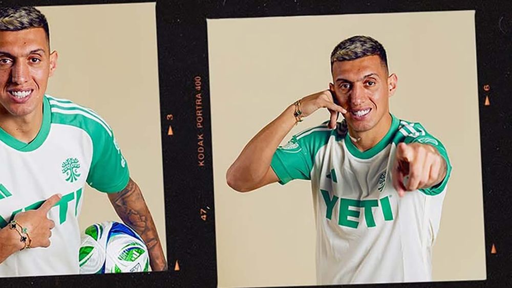 Myrto Uzuni photos pointing at Austin FC crest on jersey and pretending to call you