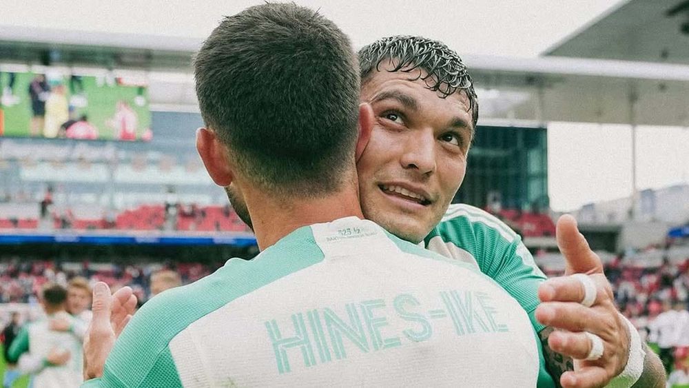 Austin FC's Brandon Vázquez and Brendan Hines-Ike hugging