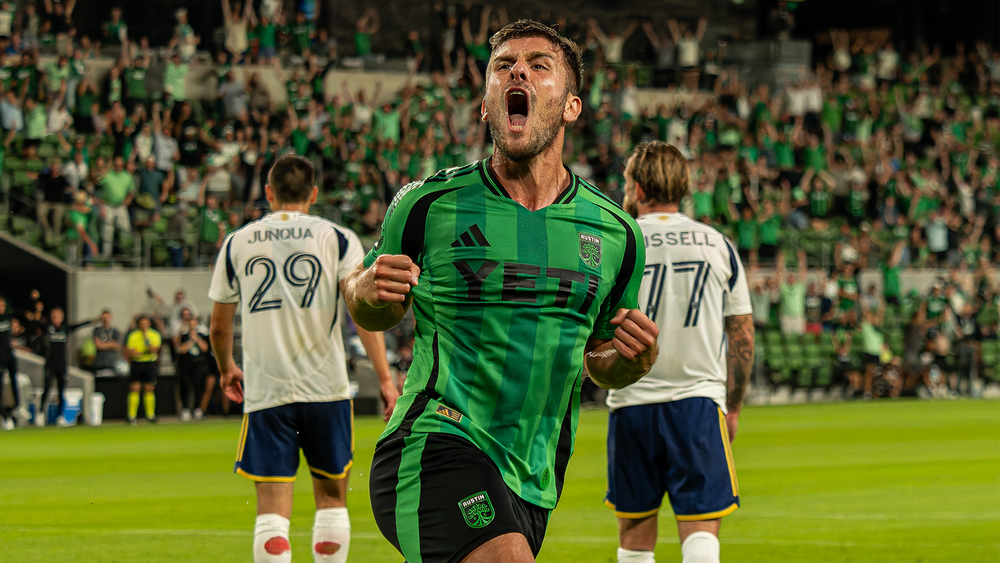 Diego Rubio celebrating goal for Austin FC vs. RSL at Q2 Stadium