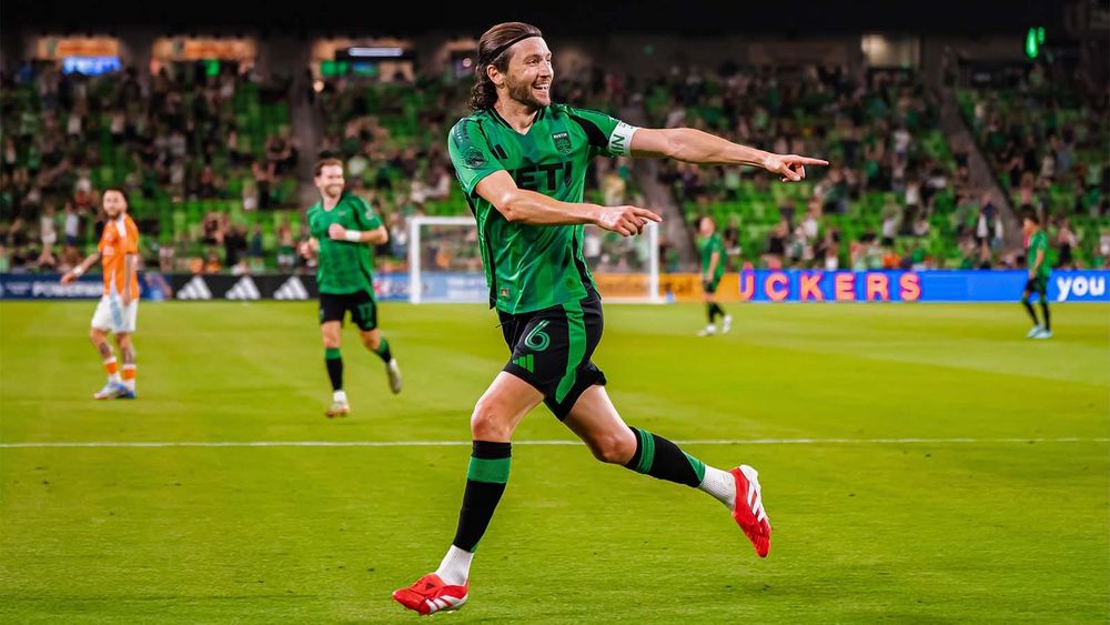 Ilie Sanchez celebrating goal for Austin FC vs Houston Dynamo