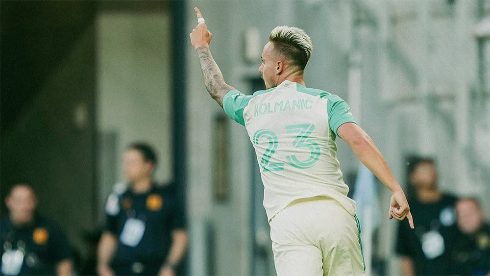 Žan Kolmanič celebrating goal for Austin FC vs. Minnesota United FC