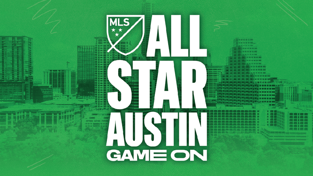 MLS All-Star Game On graphic with green film over Austin skyline