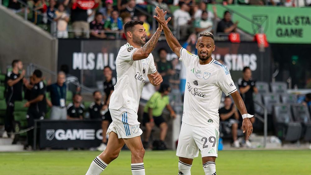 Tai Baribo and Hany Mukhtar high-fiving at 2025 All-Star Game