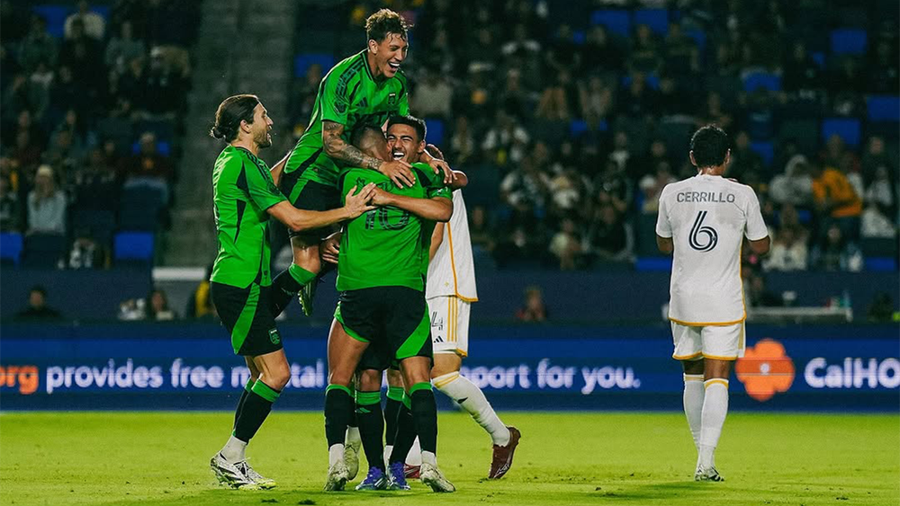Austin FC players celebrating goal against LA Galaxy