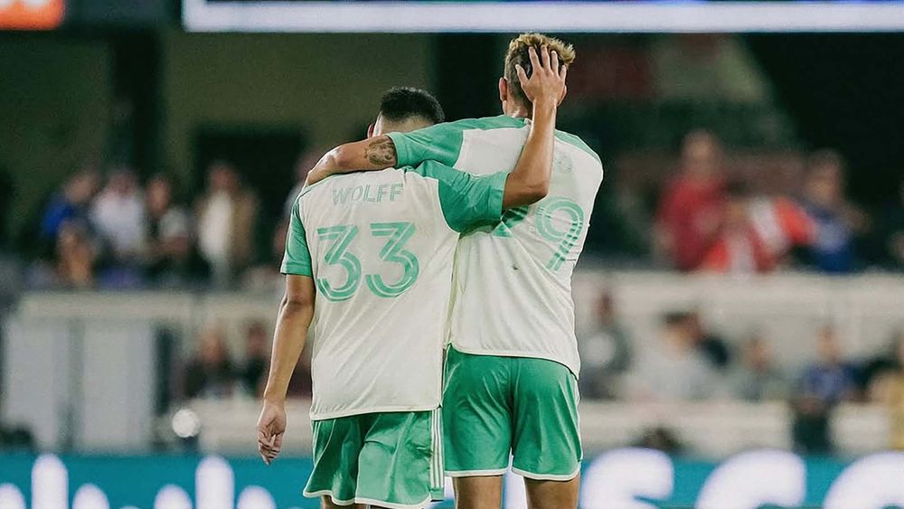 Owen Wolff and Guilherme Biro celebrating Wolff's opening goal against San Jose