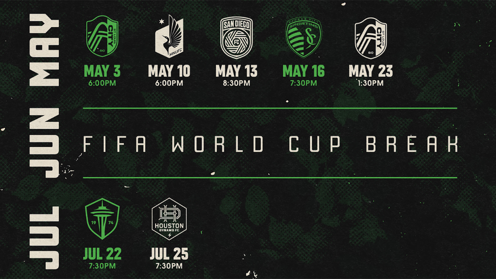 Section of the 2026 Austin FC schedule showing a two-month break for the 2026 World Cup