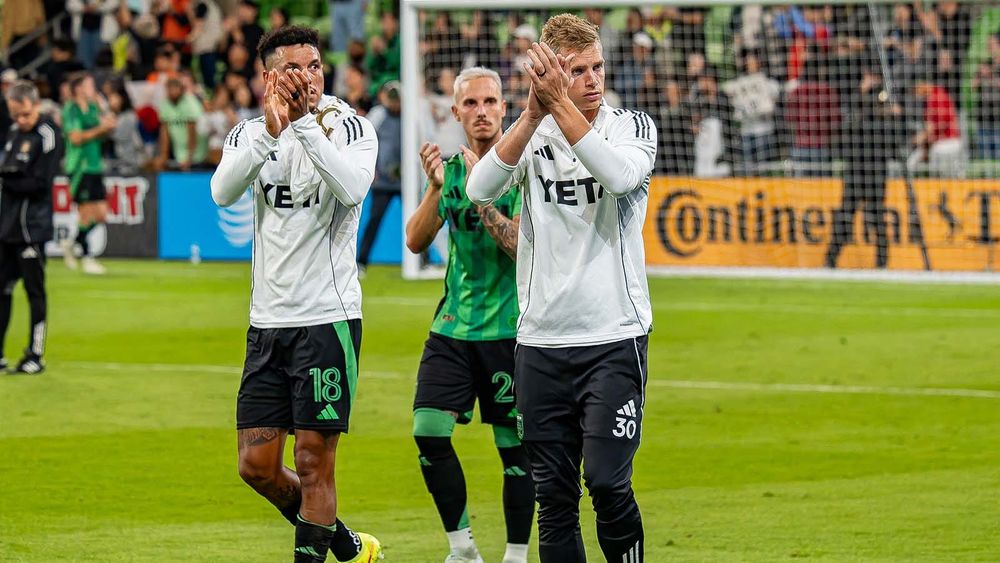 Julio Cascante, Zan Kolmanic, and Stefan Cleveland clapping for fans after their playoff exit loss to LAFC