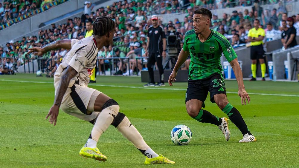 Austin FC's Owen Wolff standing up a New York Red Bulls defender