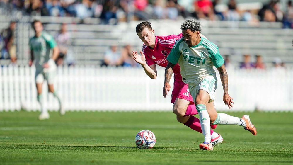 Dani Pereira of Austin FC dribbling past a St. Louis player