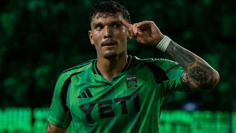 Brandon Vázquez of Austin FC pointing to head in goal celebration