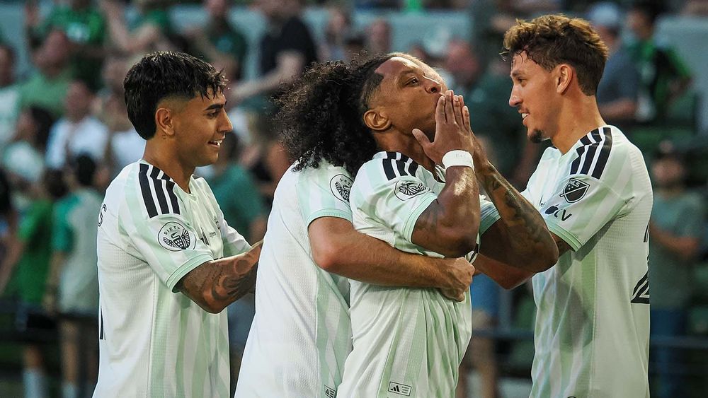 Jayden Nelson blows kisses following scoring opening goal for Austin FC against Houston Dynamo