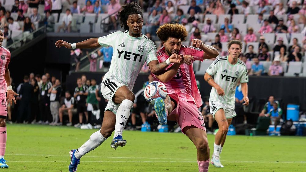 Austin FC's Jayden Nelson fights for a ball with Inter Miami's Maxi Falcon