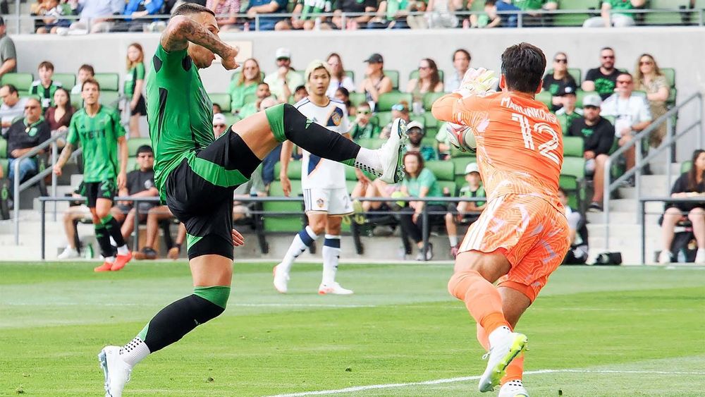 Austin FC's Christian Ramírez shooting, blocked by LA Galaxy's JT Marcinkowski