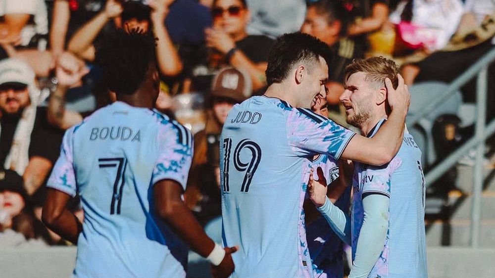 Ousseni Bouda, Preston Judd, and Timo Werner celebrate a Werner goal