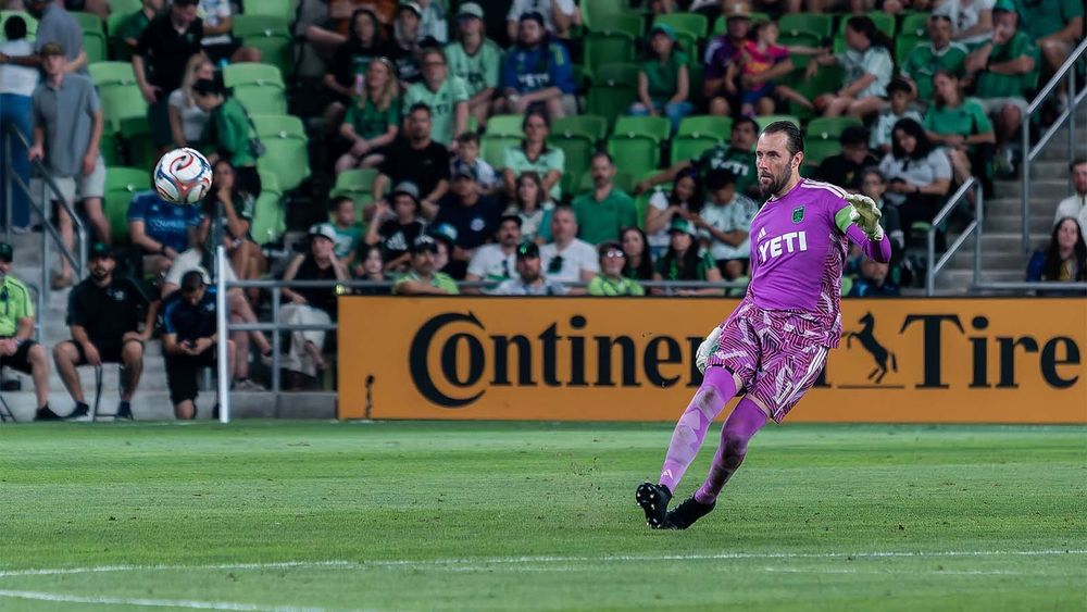 Brad Stuver launching ball in Austin FC match against Sporting KC