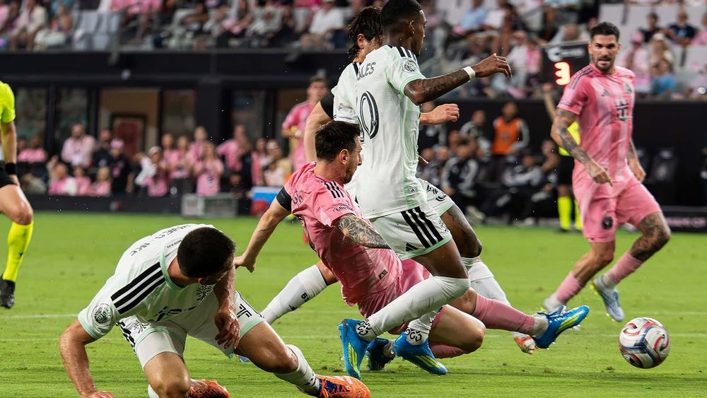 Lionel Messi weaving through the Austin FC defense
