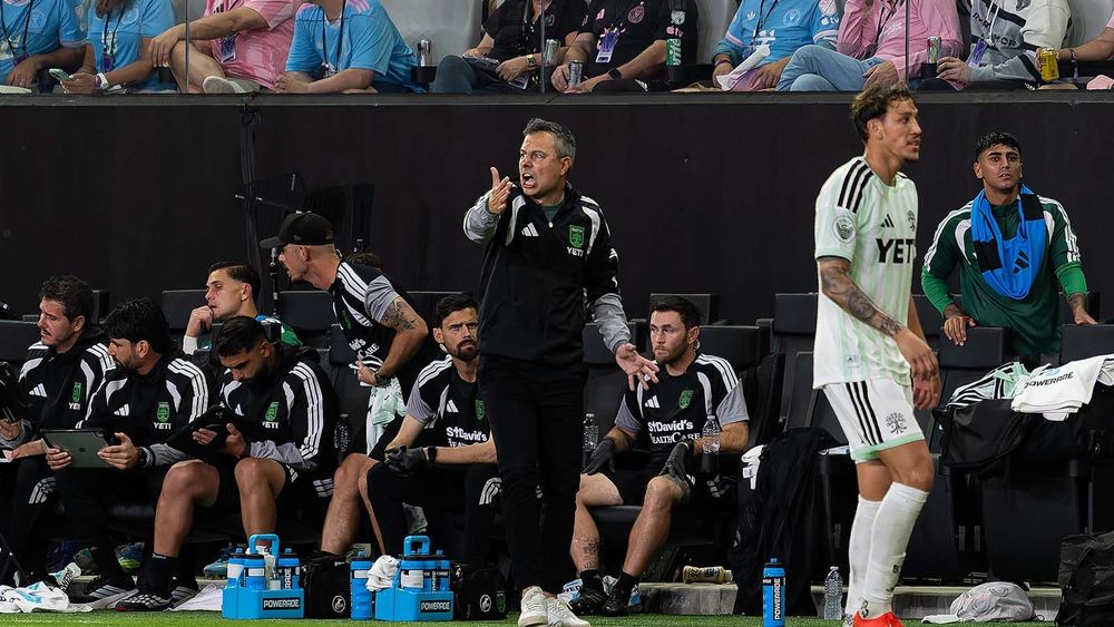 Then-Austin FC head coach Nico Estévez on sidelines yelling