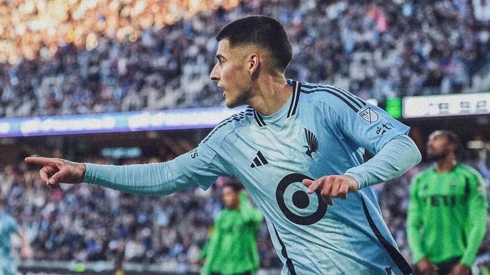 MNUFC's Joaquin Pereyra celebrates a goal scored against Austin FC