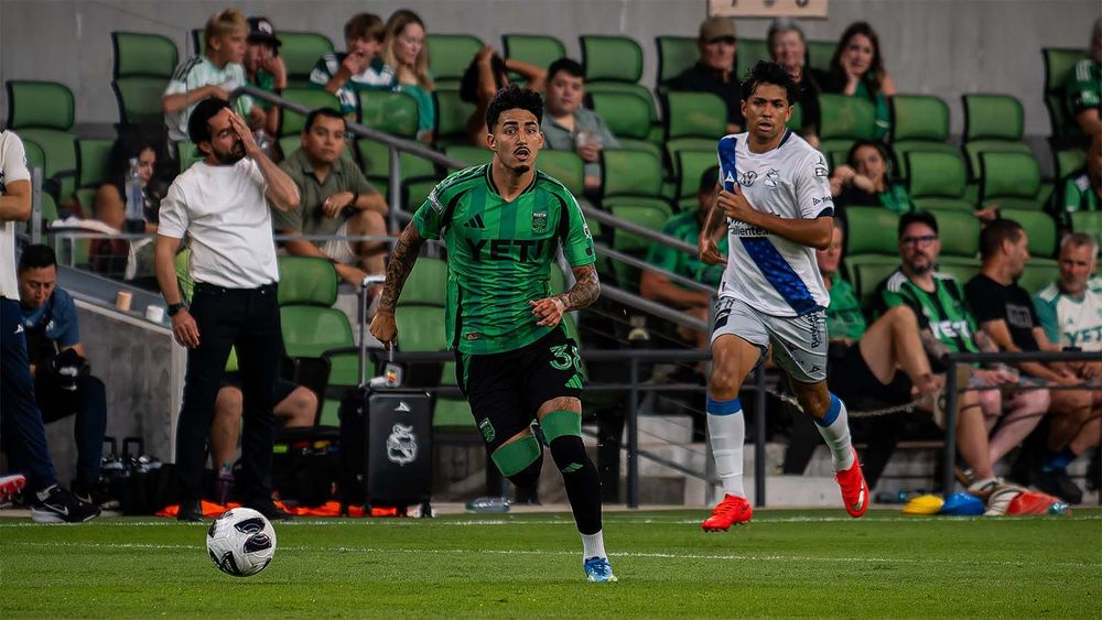 Austin FC's Ervin Torres progresses the ball in the match against Club Puebla