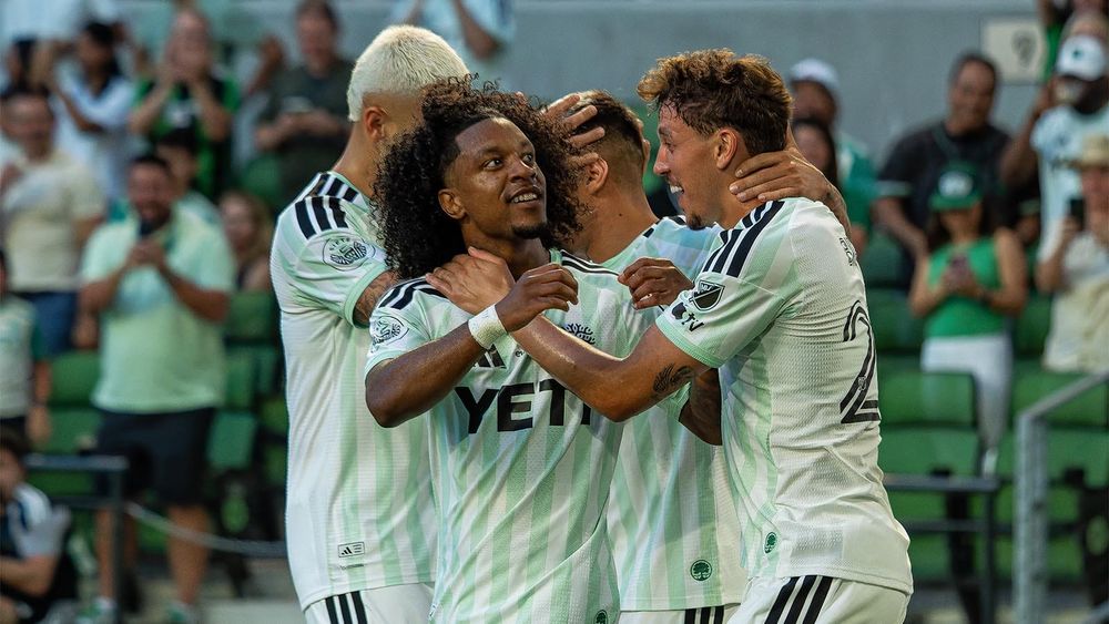 Austin FC's Jayden Nelson, celebrating scoring a goal against Houston Dynamo FC