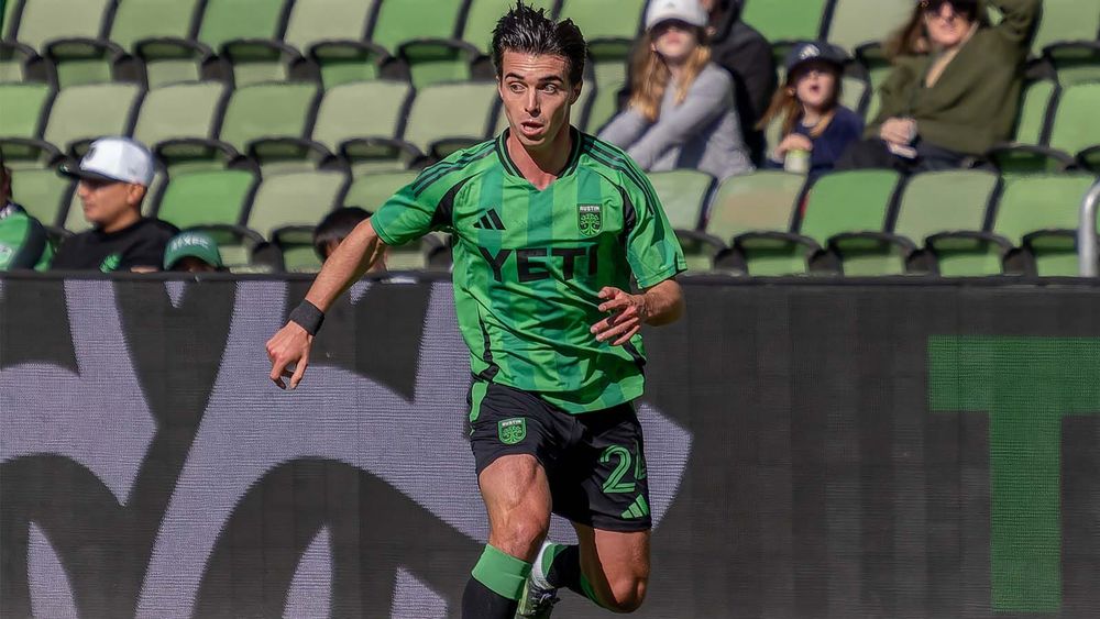 Austin FC's Jorge Alastuey in mid-dribble during a match (ball not visible) 