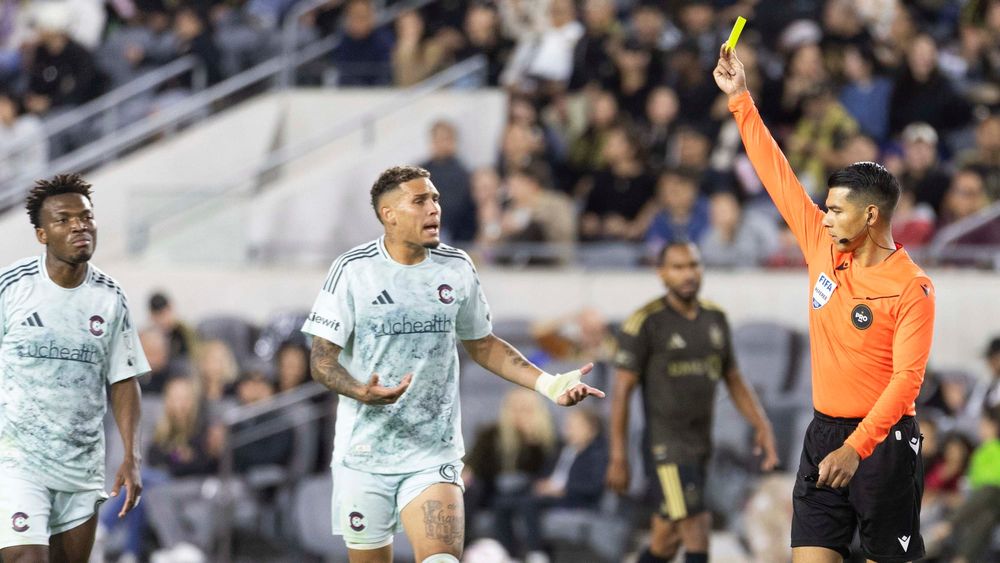 Colorado Rapids' Rafael Navarro getting a yellow card