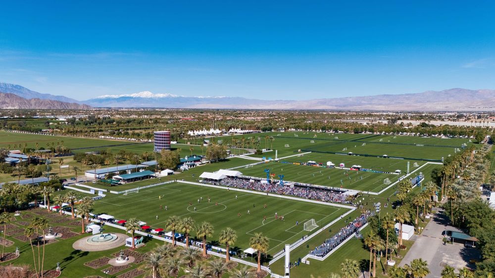 Aerial view of two fields at 2026 Coachella Valley Invitational