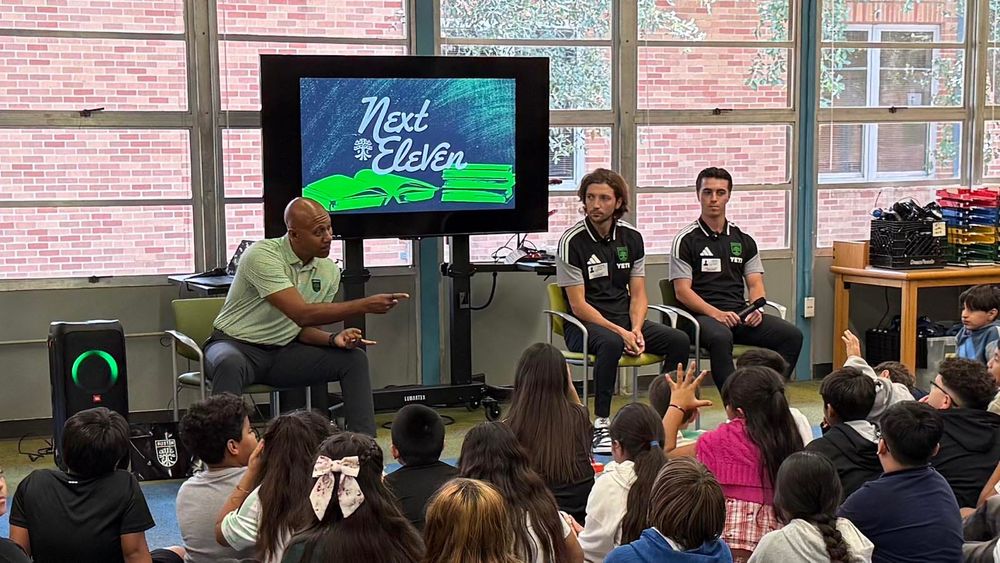 Ilie Sánchez and Jorge Alastuey field questions at Wednesday's Next Eleven event for Austin FC at Walnut Creek Elementary