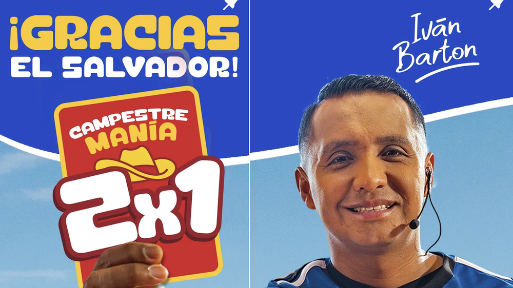 Referee Iván Barton holding up a red card with a 2 for 1 chicken deal on it