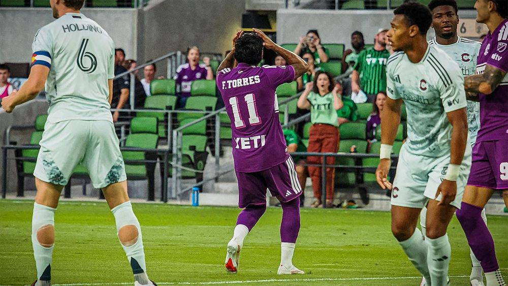 Facundo Torres reacts to a missed shot early in Austin FC's match against Colorado