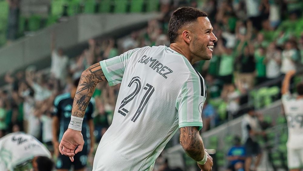 Austin FC's Christian Ramírez celebrates after scoring a goal against Seattle