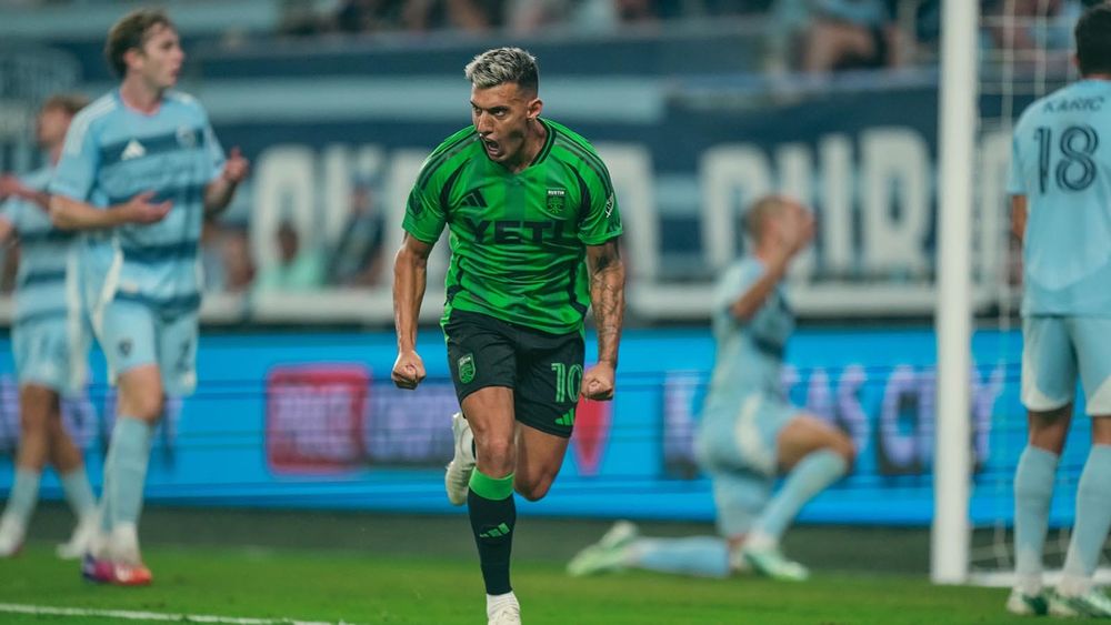 Austin FC's Myrto Uzuni celebrates a goal against SKC 