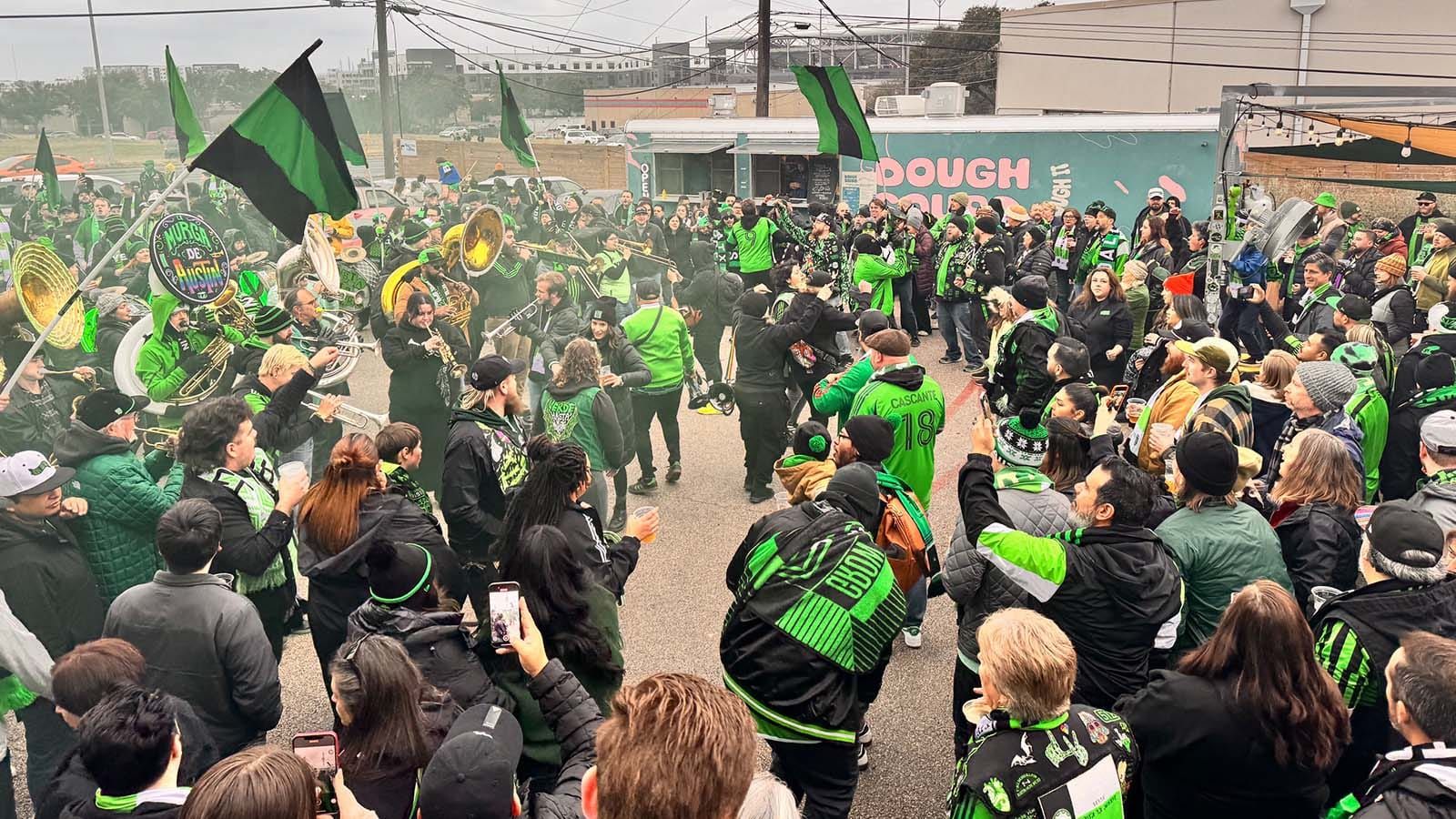 Austin FC fans at Hopsquad Brewing for pre-opening match party