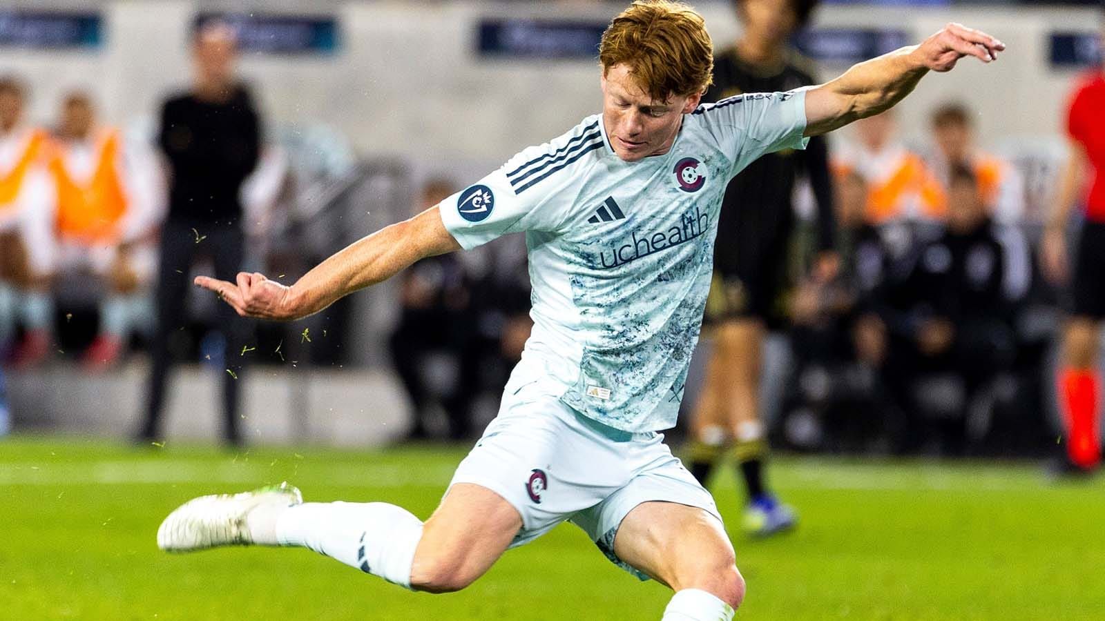 The Colorado Rapids' Oliver Larraz preparing to kicking a ball (ball not visible) 