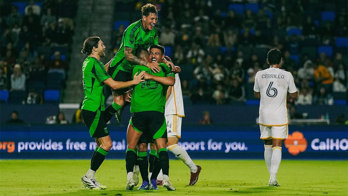 Austin FC players celebrating goal against LA Galaxy