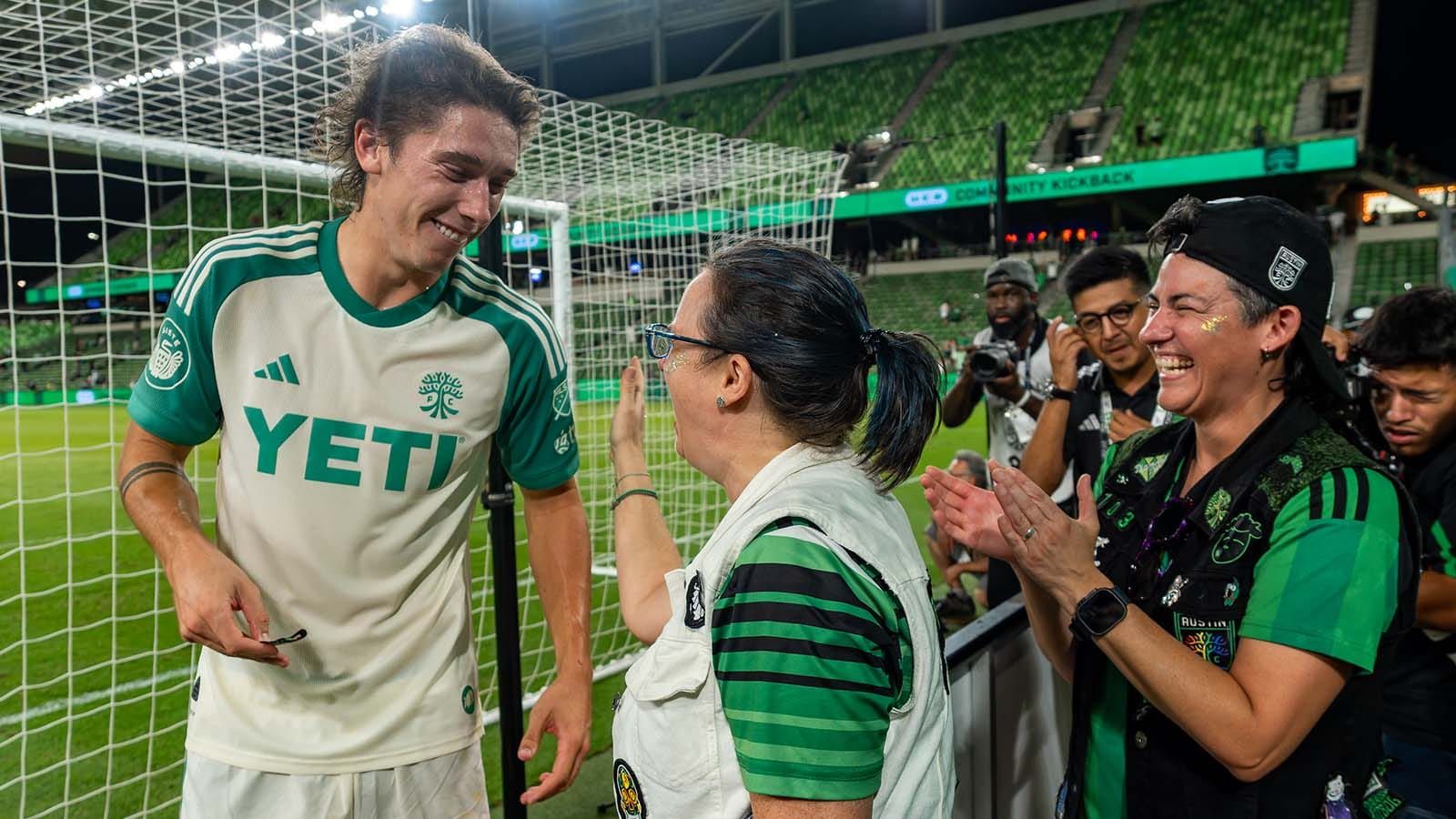 CJ Fodrey with fans following Austin FC's win over Seattle 